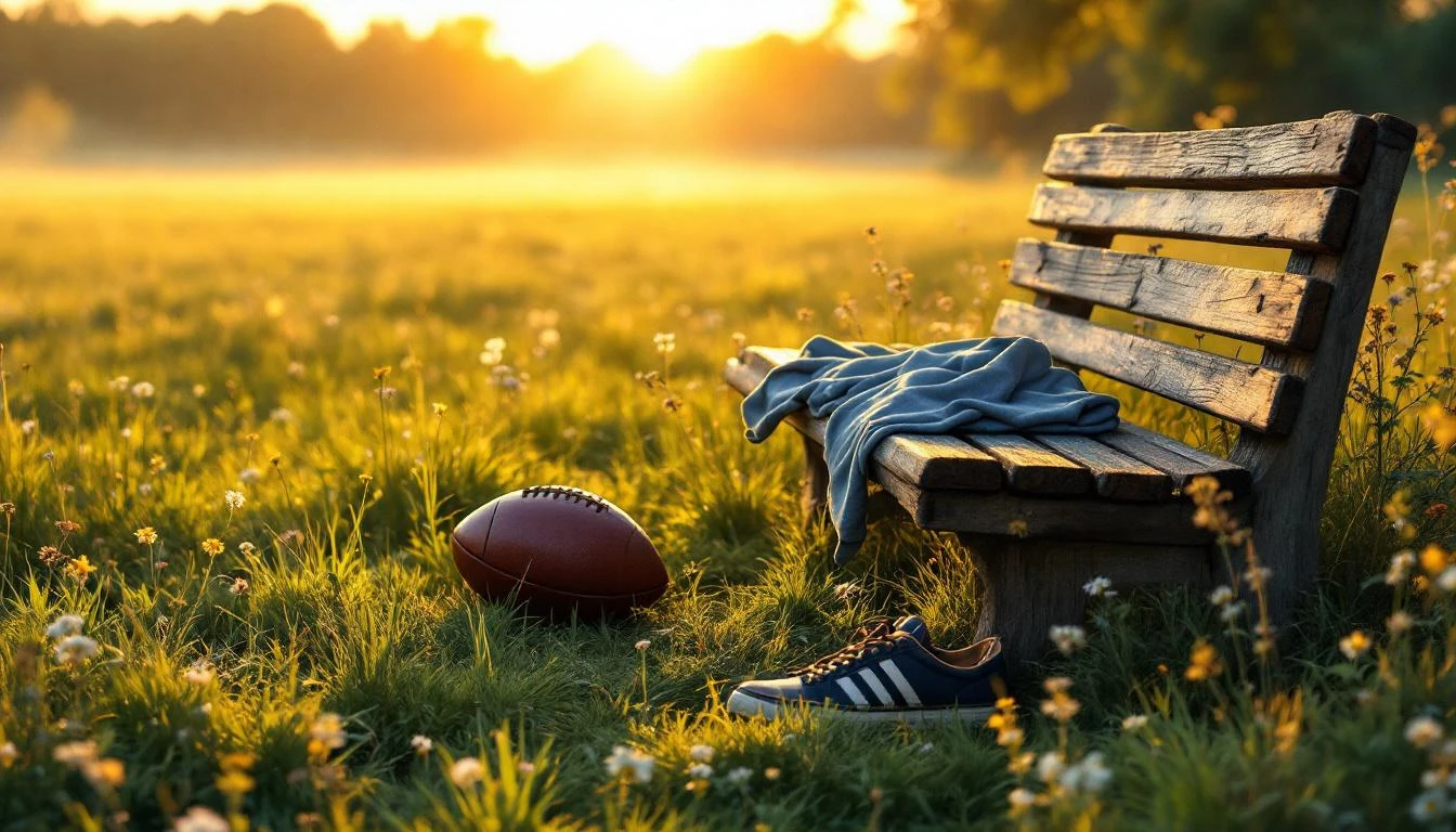 Weathered sideline bench with a worn football, scuffed sneaker, and folded jersey on an overgrown field at golden hour.