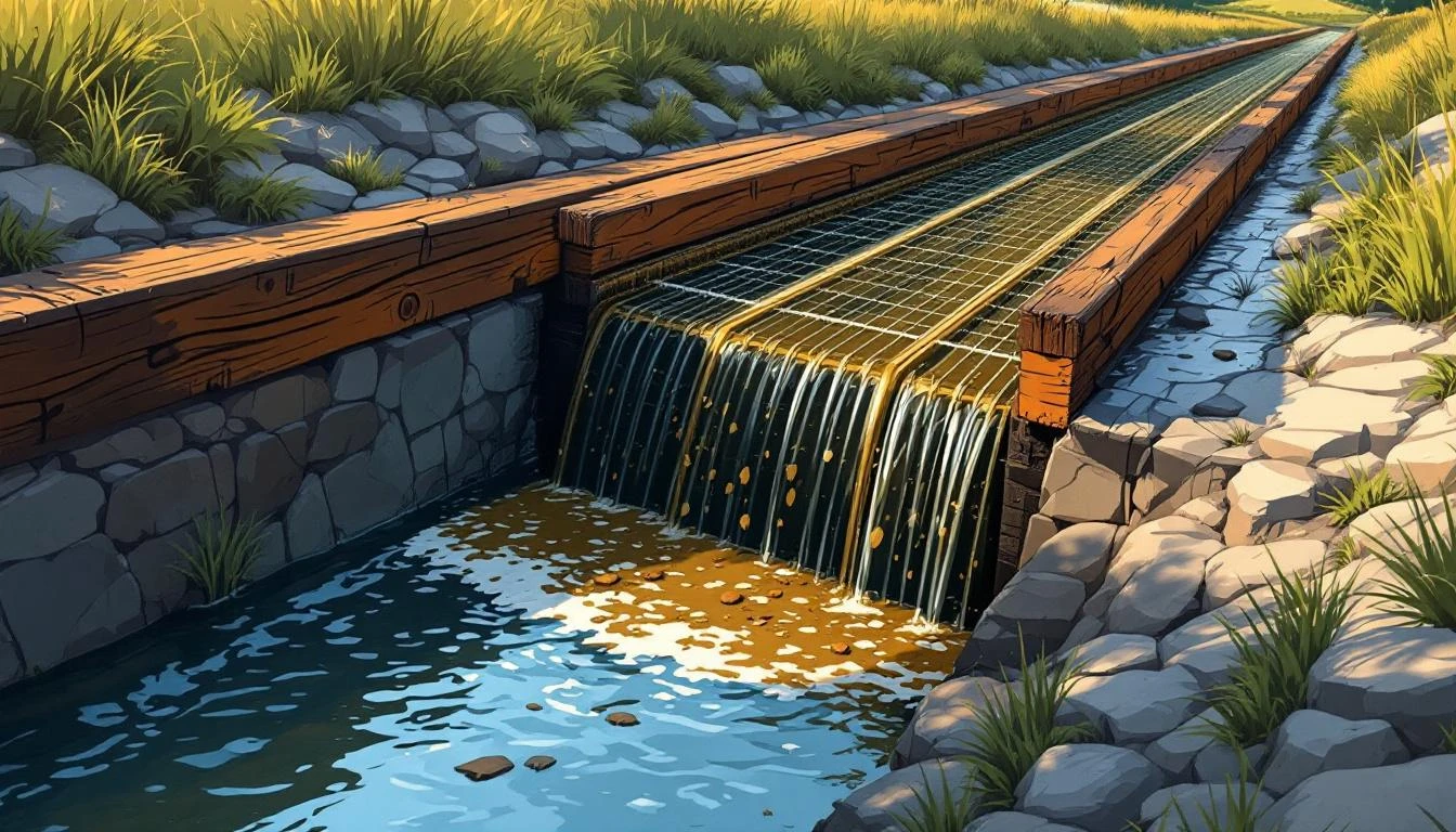 Wooden sluice with mesh baffles diverting murky water to a side trench while clean water flows forward.
