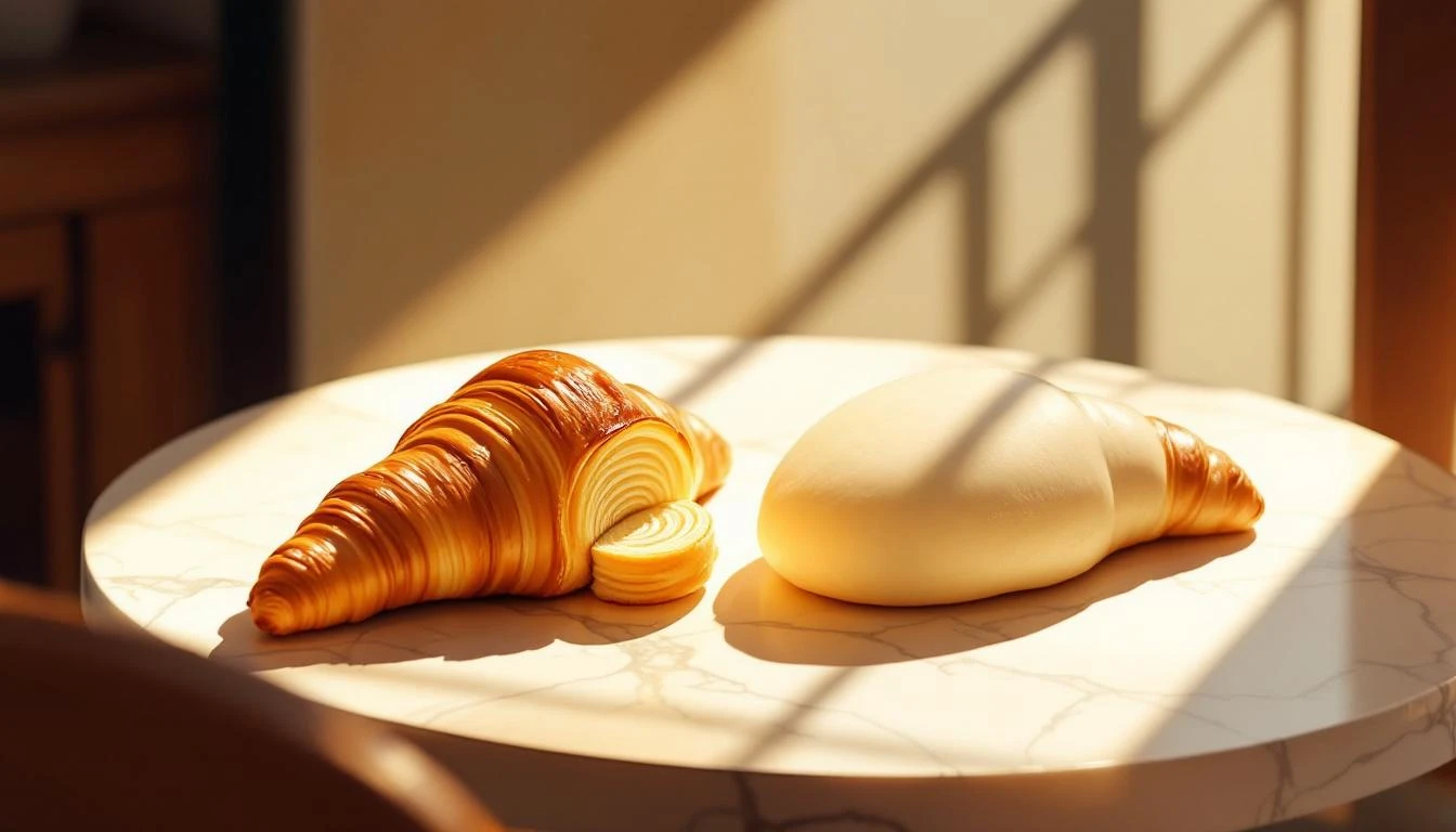 Two croissants on a marble café table, one deeply golden and flaky, the other pale and soft, in warm morning light.