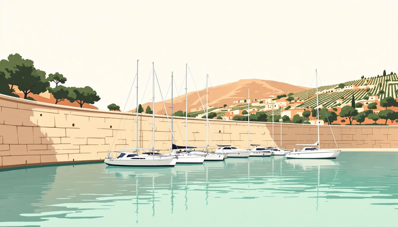 White yacht masts reflected in turquoise harbor water with terraced vineyards on a hillside behind.