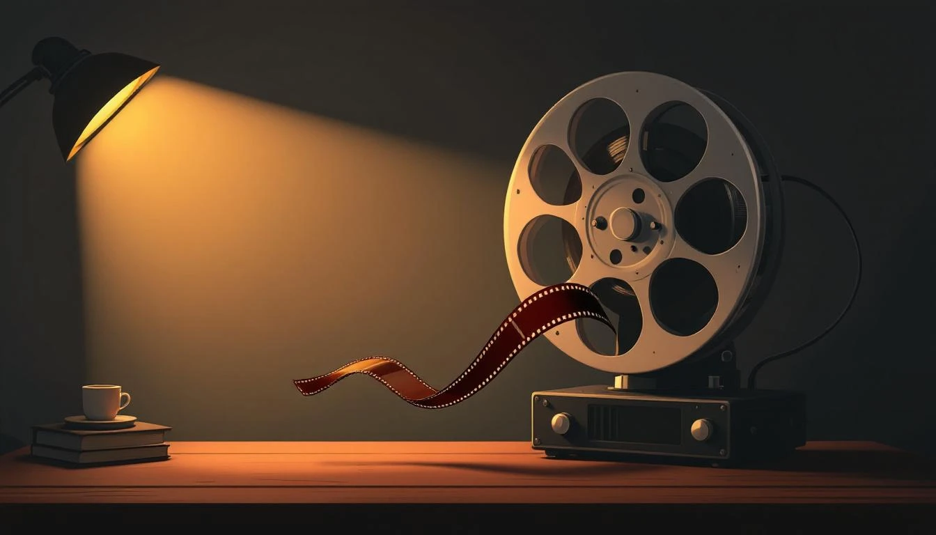 Vintage film projector reel with a kinked celluloid strip caught mid-spin under amber spotlight.