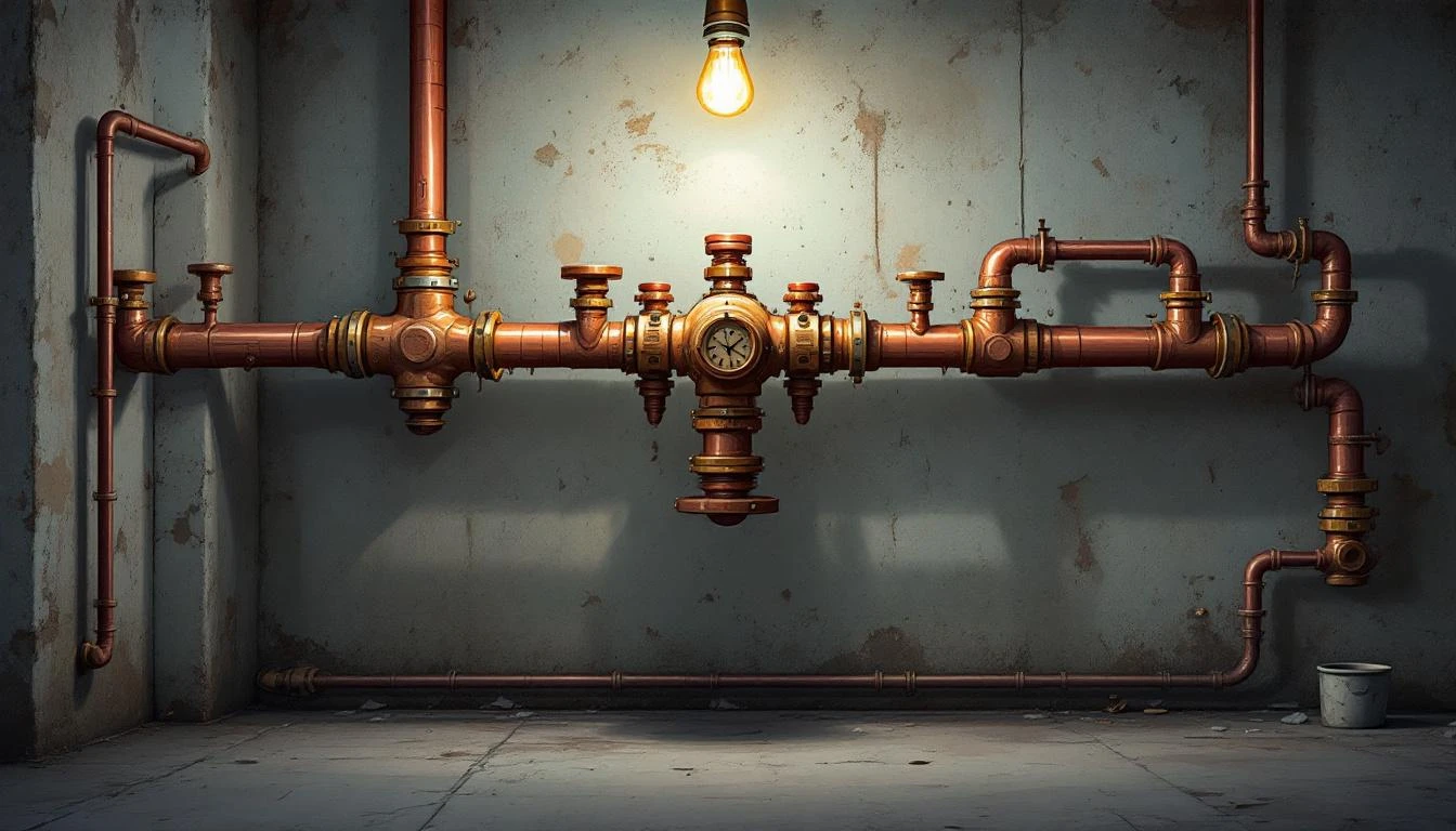 Copper pipe junction with mismatched threaded fittings branching from a central valve in a dim industrial basement.