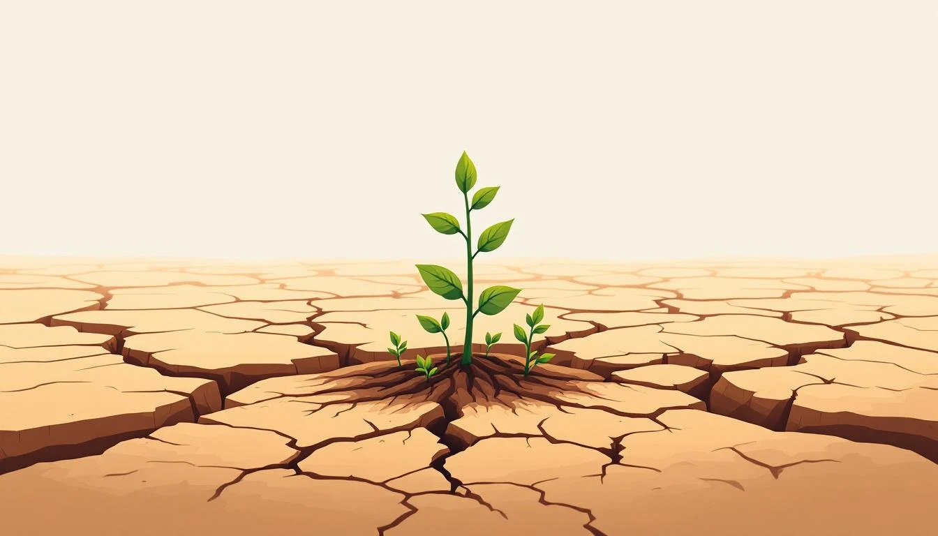 Small green saplings with visible shallow roots growing from cracked dry clay earth under pale overcast sky.