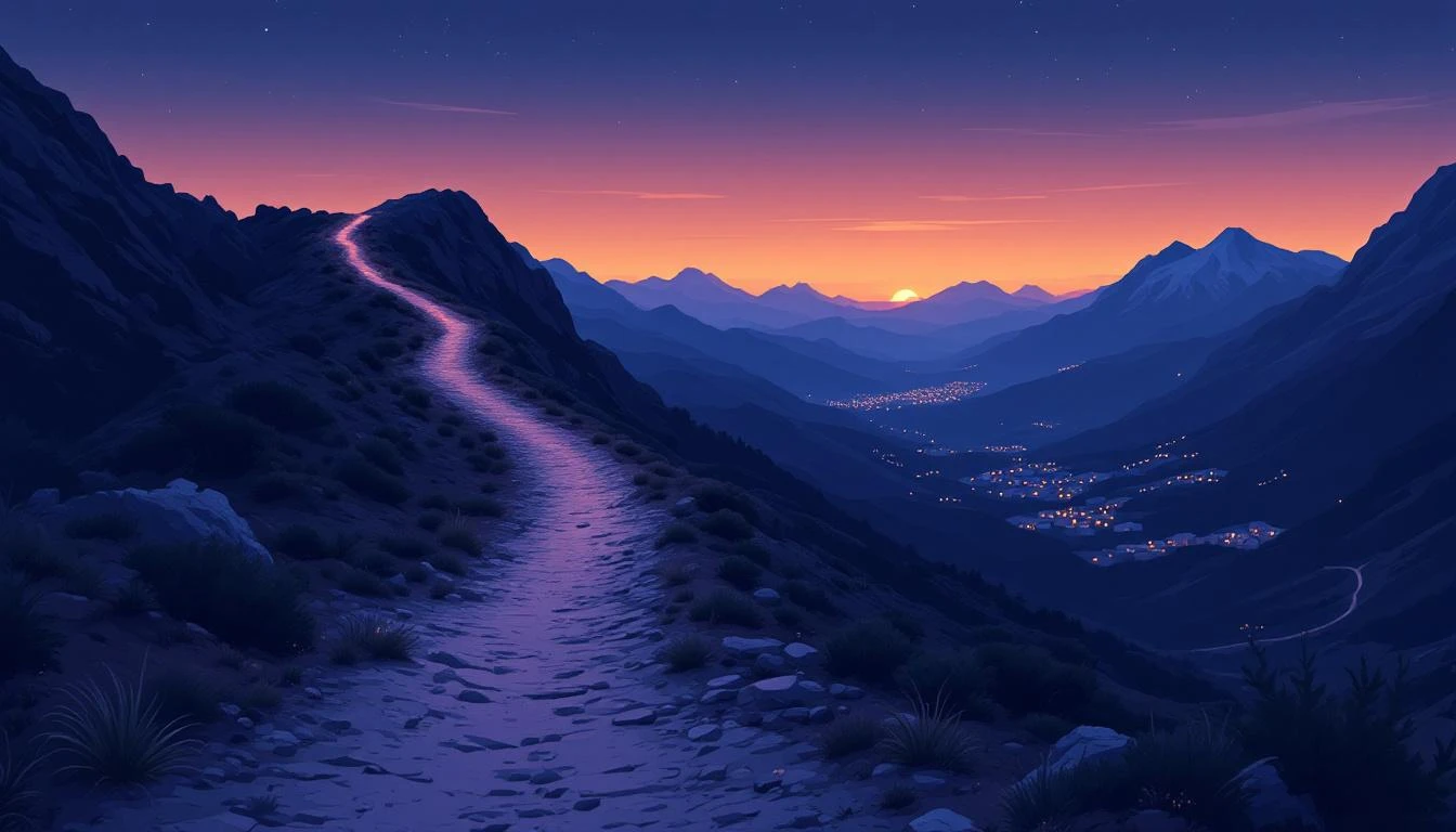 A mountain trail forking at dusk, one path rising toward an illuminated peak, the other descending toward a lit valley below.