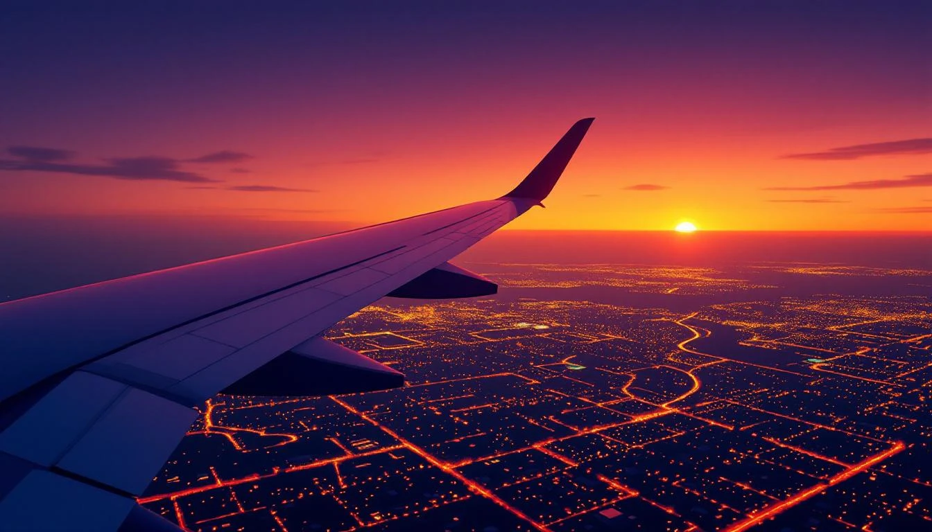 Airplane wing at sunset above a glowing city grid transitioning from violet sky to golden horizon.