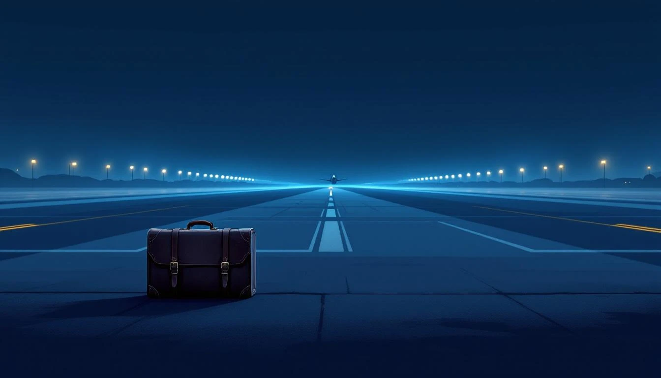 A lone leather suitcase on a dark tarmac at night, lit by cold runway lights with fog drifting across.