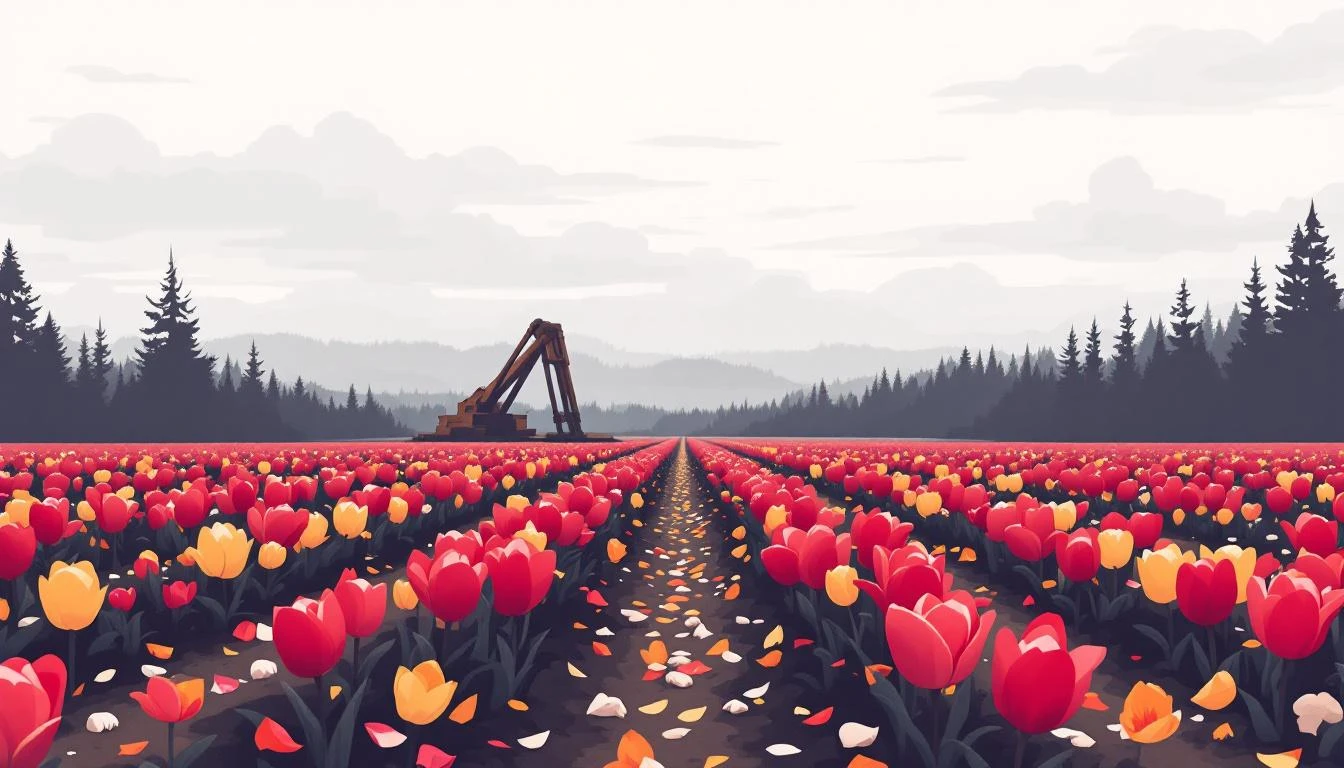 Flat tulip field in scarlet and yellow rows with a wooden trebuchet silhouette and oyster shells in the foreground.