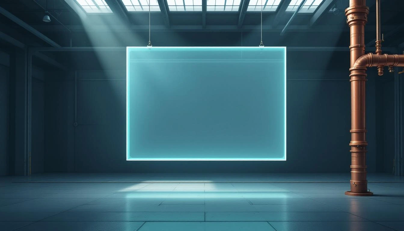 Frosted glass panel with a dark void center beside a pressurized copper pipe in a dim warehouse.