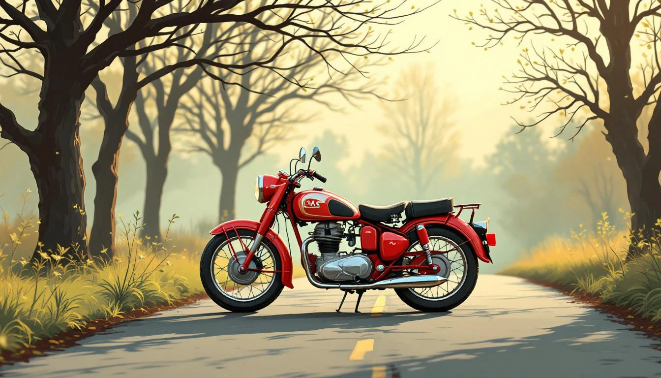Vintage red motorcycle on a dewy country road beneath oak branches with early spring buds.