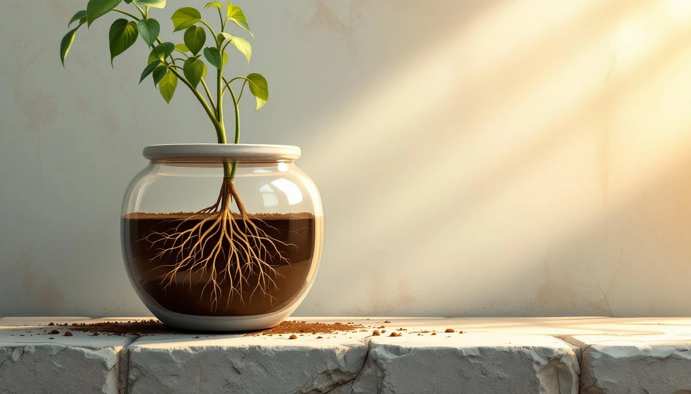 Transparent ceramic vessel on stone surface showing intricate plant roots contained within its walls, lit by amber light.
