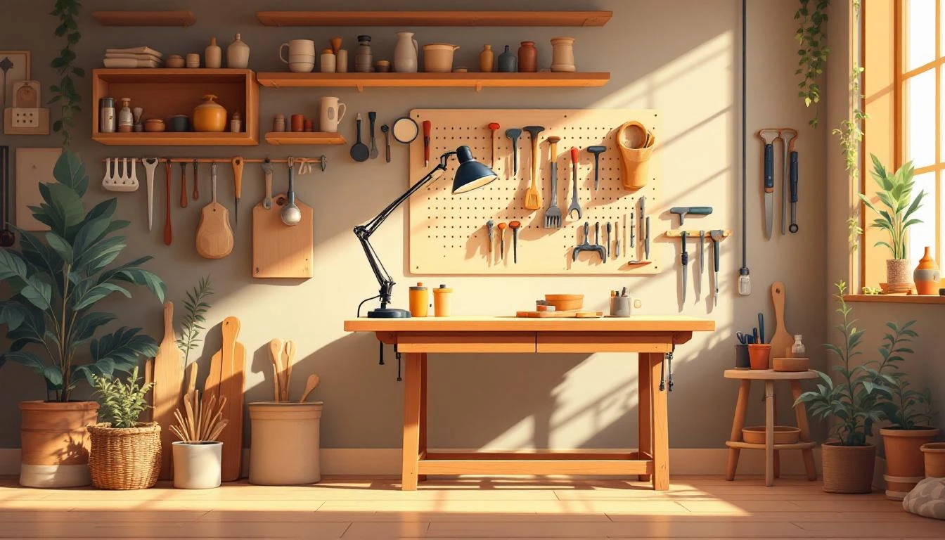 A tidy oak workshop bench with hung hand tools on pine pegboard, lit by soft morning window light.