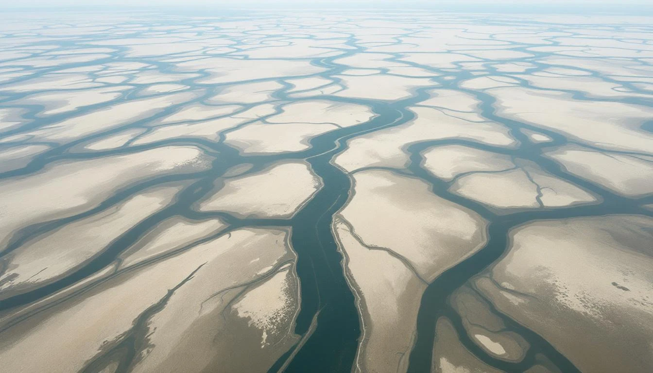 Aerial view of a river delta splitting into distributaries over pale sandbars under overcast light.