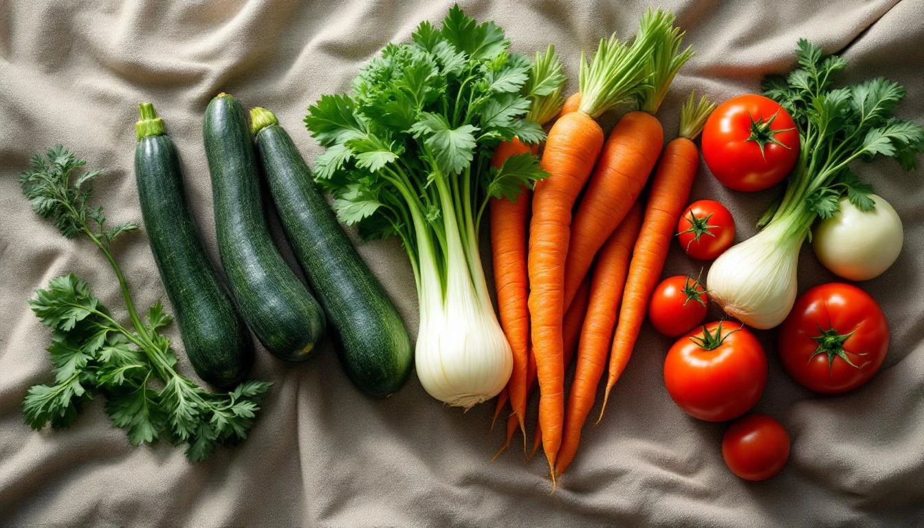 Flat-lay of whole raw zucchini, carrots, fennel, and tomatoes on natural linen in soft daylight.