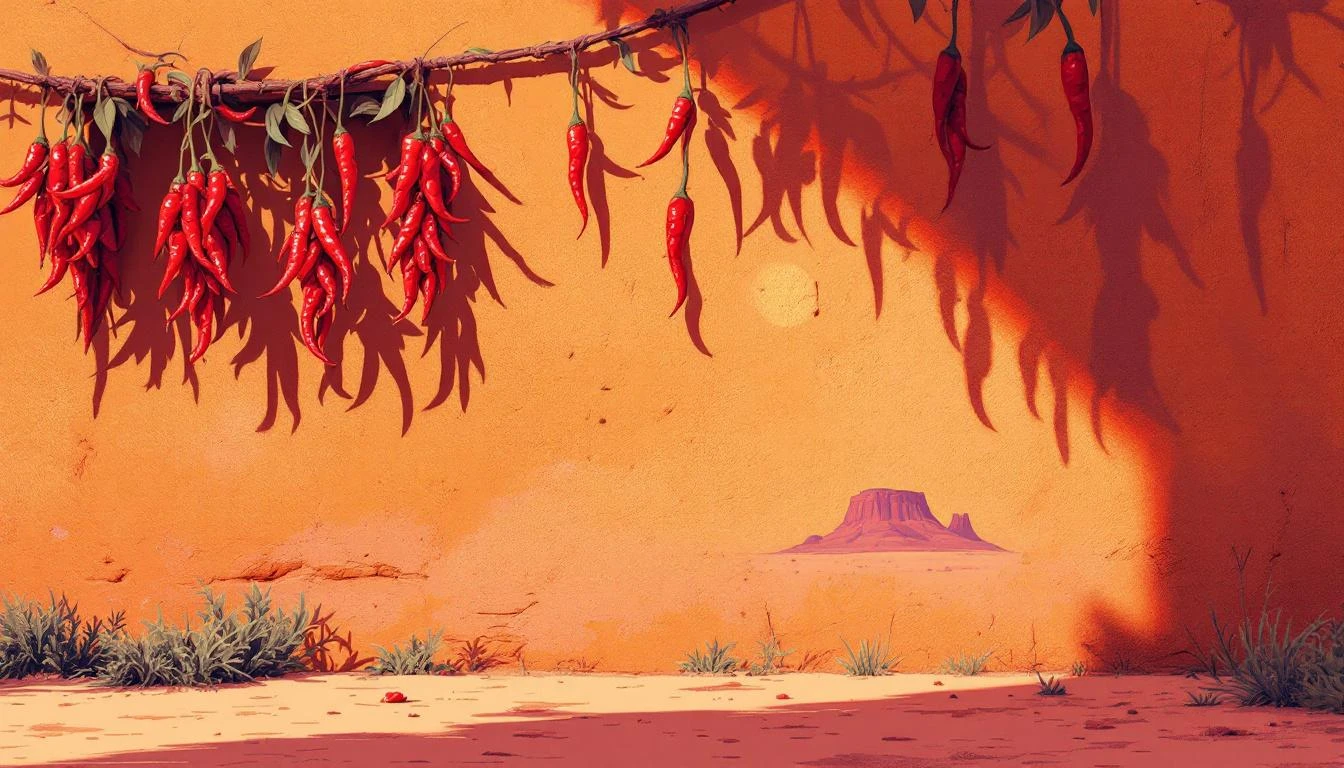 Terracotta adobe wall hung with red chili ristras under warm afternoon light with a mesa in the background.