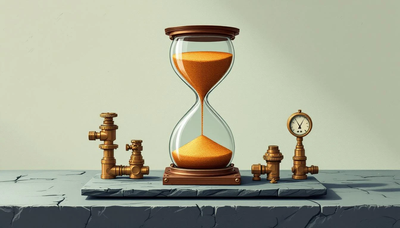 Vintage hourglass with copper sand surrounded by brass valves and gauges on weathered slate.