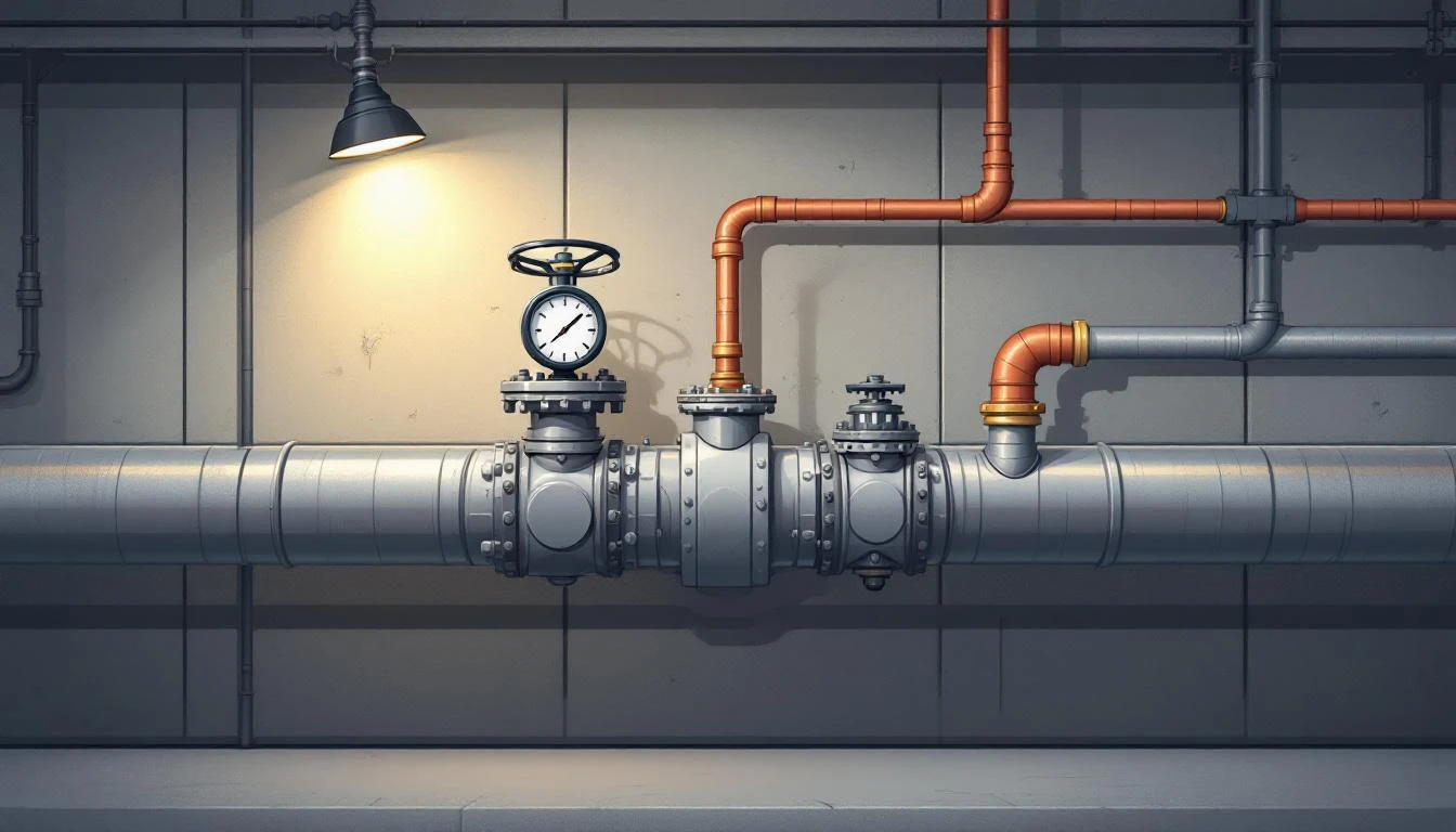 Steel pipe junction with a closed valve and a copper bypass pipe in a dim industrial basement.