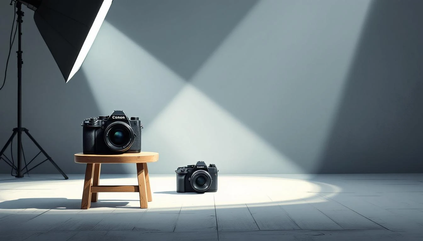 A black DSLR camera on a wooden stool in a concrete studio lit by a softbox, with an older camera body in shadow behind it.