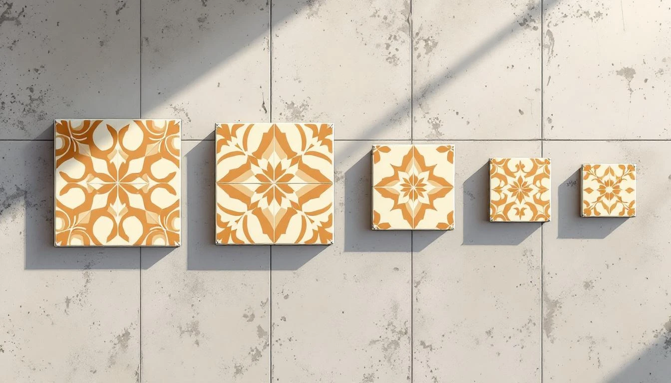Row of terracotta ceramic tiles decreasing in size on concrete, each retaining sharp geometric detail.