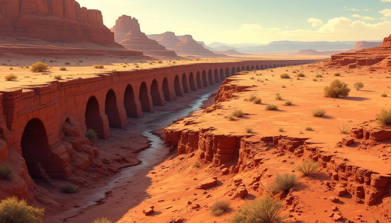 A clay aqueduct with a hidden crack where water drains into dry earth, leaving the downstream channel empty.