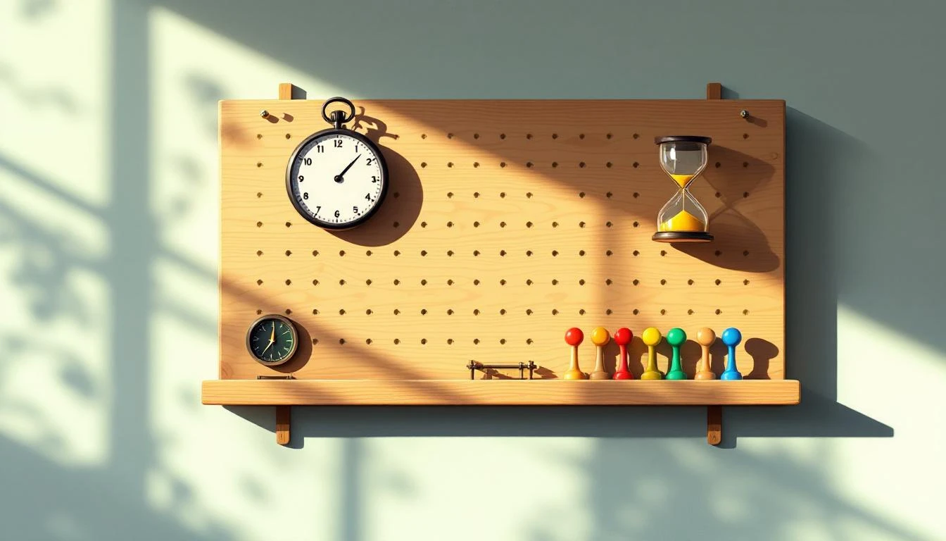 Wooden pegboard with pocket watch, amber hourglass, compass, and colored pegs in warm morning raking light.