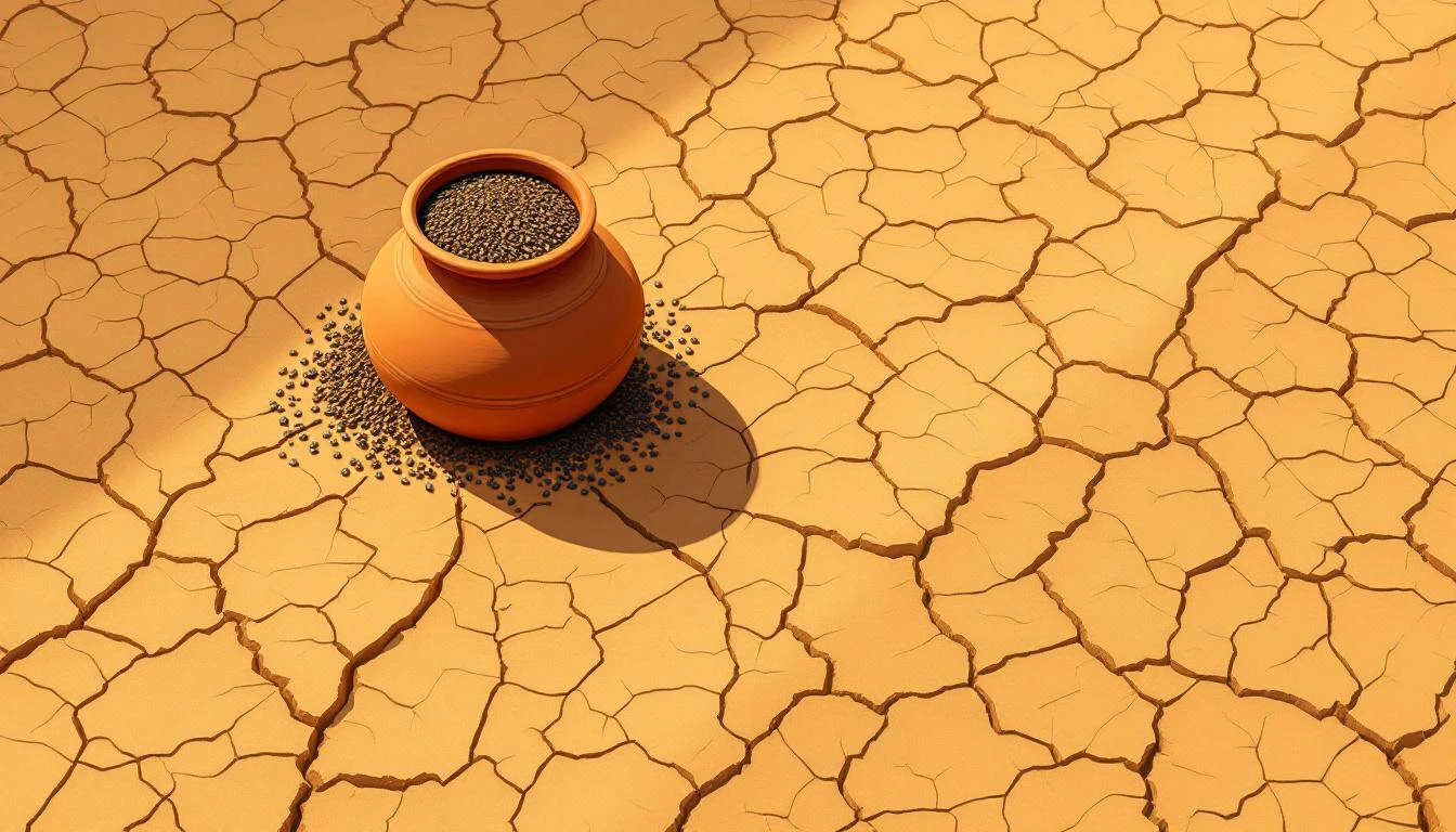 A quarter-full terracotta jar surrounded by vast empty furrows on dry cracked earth under harsh sunlight.