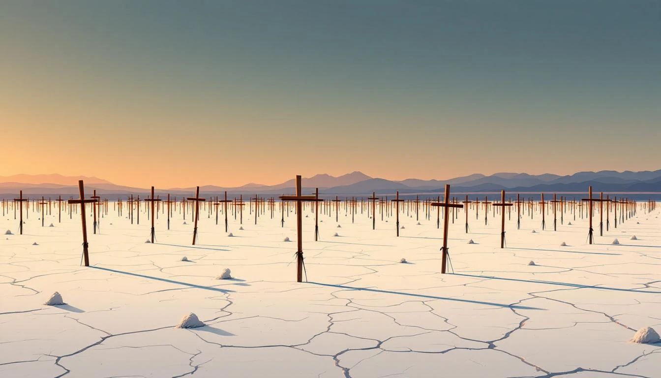 Wooden survey stakes pulled from a cracked salt flat at dusk, leaving rows of empty holes in pale grey earth.