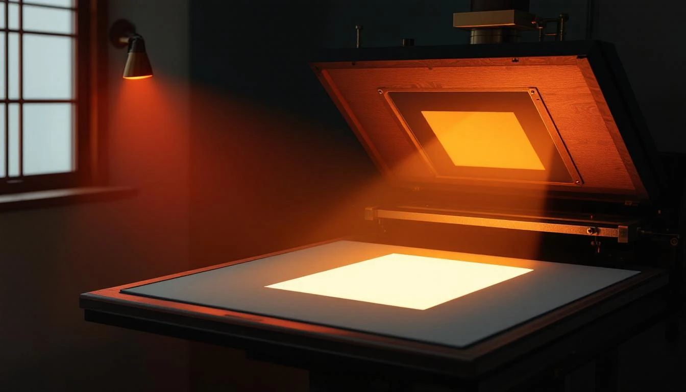 A darkroom photographic enlarger projecting a cone of amber light that narrows into a smaller rectangle on the surface below.