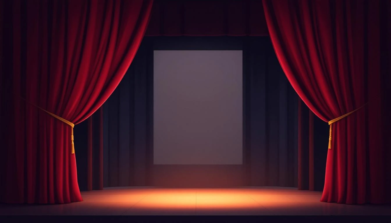 Deep burgundy stage curtain pulled open by a golden cord, revealing a lit proscenium arch with amber footlights.