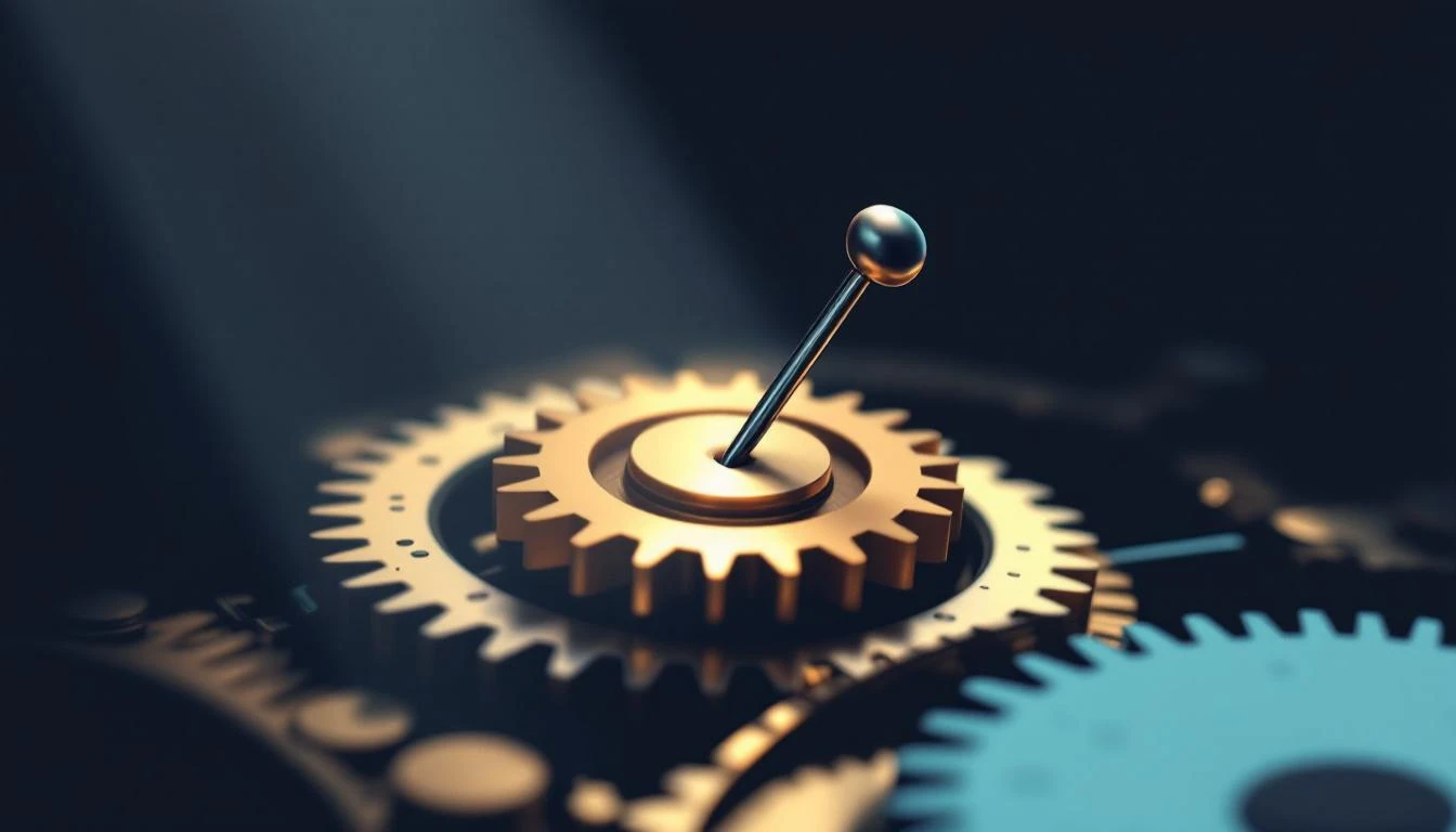 A thin steel pin inserted into a jammed brass watch gear train, lit by a narrow side beam.