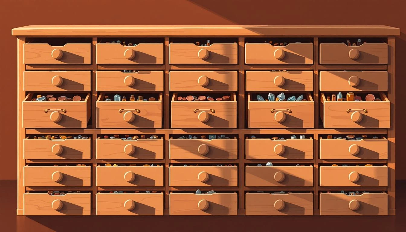 Wooden apothecary cabinet with open drawers holding amber vials, copper mesh discs, and crystal prisms.