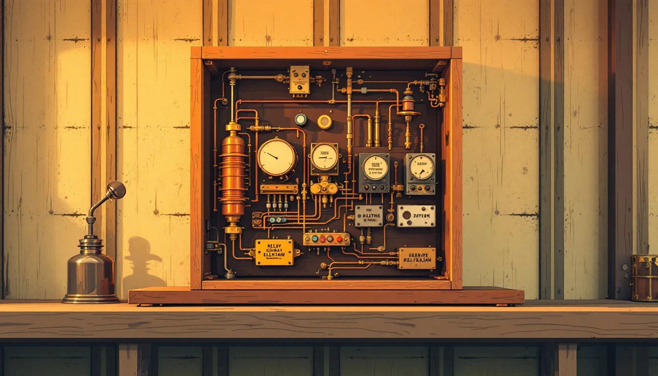 Vintage copper telegraph relay switches and brass junction boxes mounted on weathered wooden crossbeams in warm amber light.
