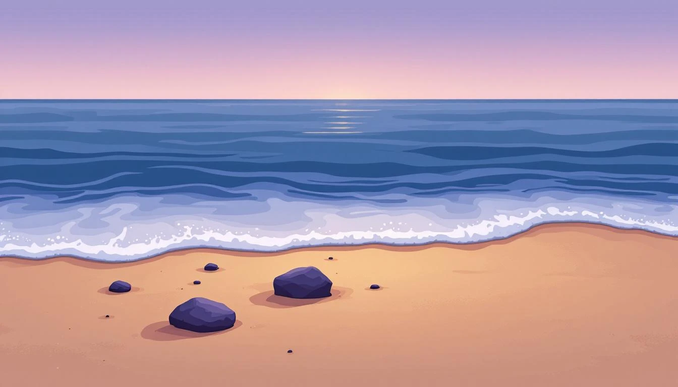 A tidal wave edge dissolving into wet sand at dusk, lit in amber and pale violet with half-submerged stones.