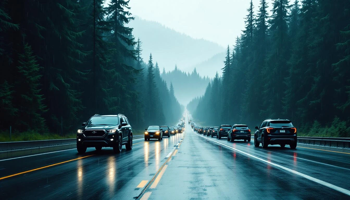 A convoy of black SUVs and motorcycles on a rain-slicked highway through dense evergreen forest under an overcast sky.