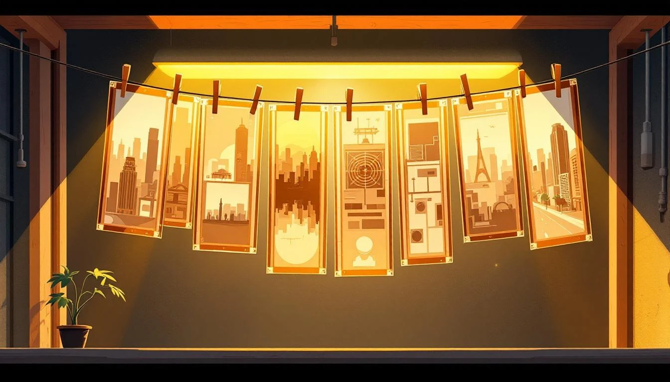 Film negatives hanging on a wooden drying line in a warm amber-lit darkroom.