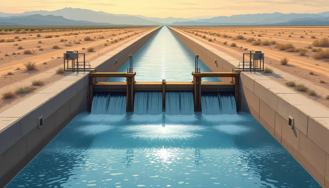 A long irrigation canal with evenly spaced bronze sluice gates releasing controlled bursts of water toward the horizon.