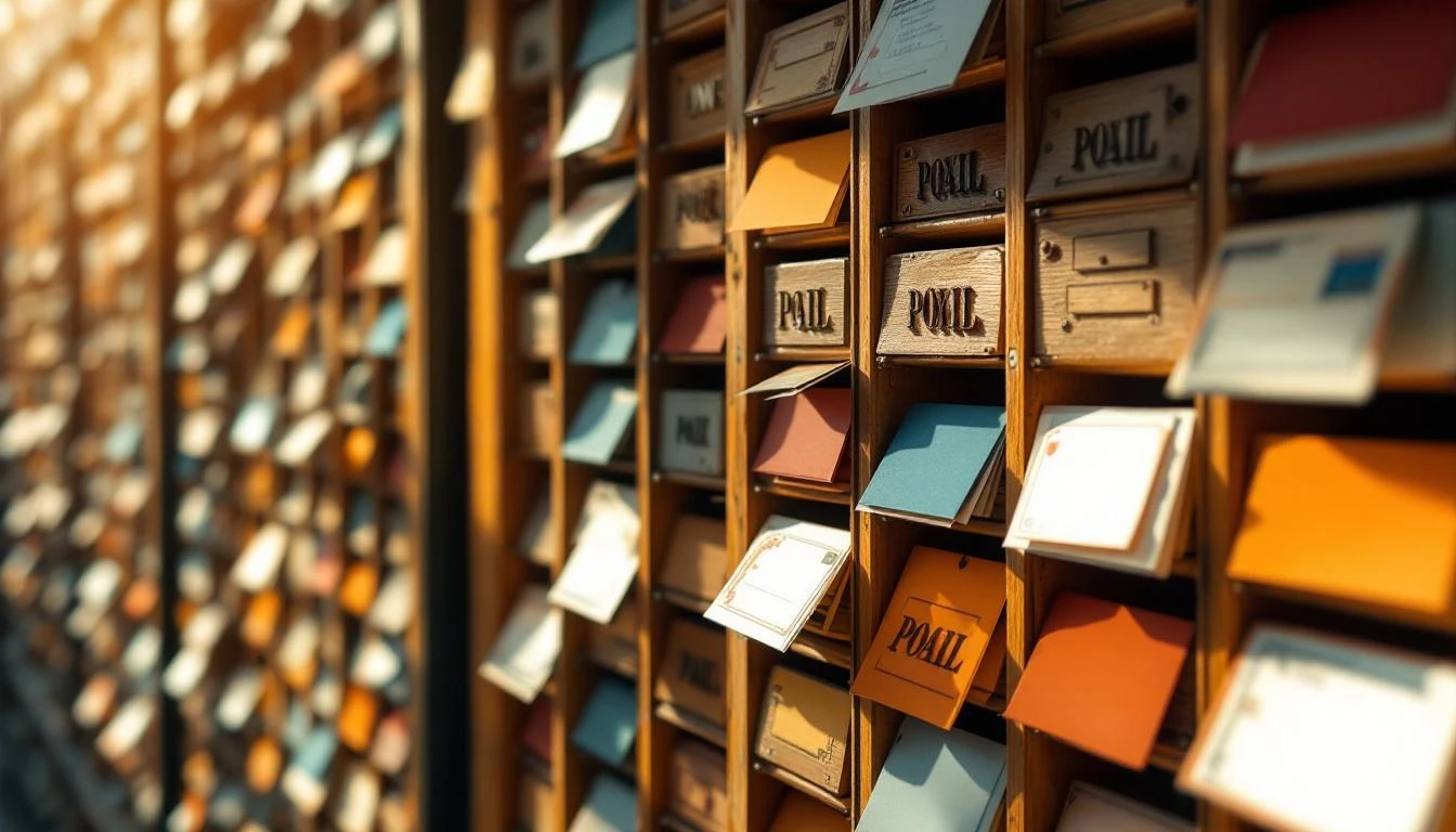 Vintage wooden postal sorting rack with colored tags grouped by hue in narrow pigeonholes, lit by warm raking light.
