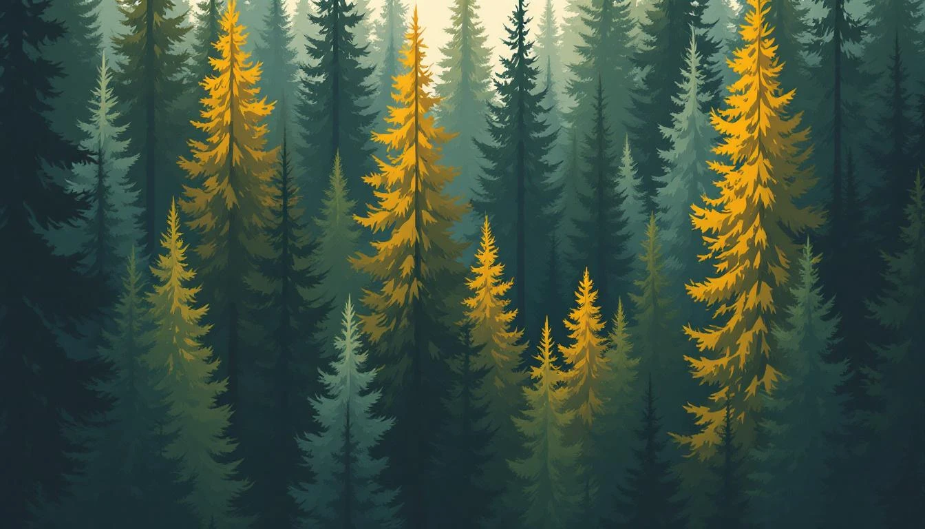 Tall pine trees of varying heights in a forest, with the tallest catching warm golden light above a shaded canopy.