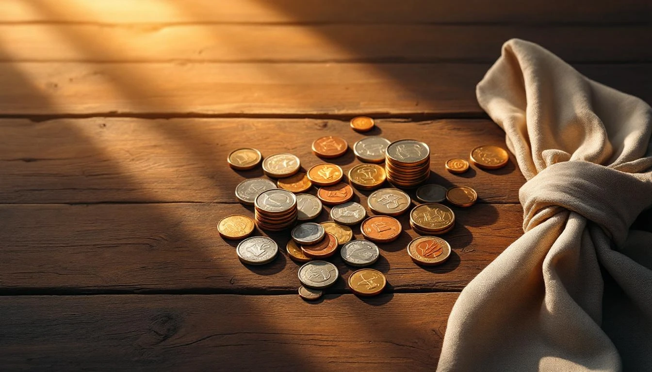 Clusters of copper and silver coins on a weathered wooden table beside a folded linen napkin in warm candlelight.