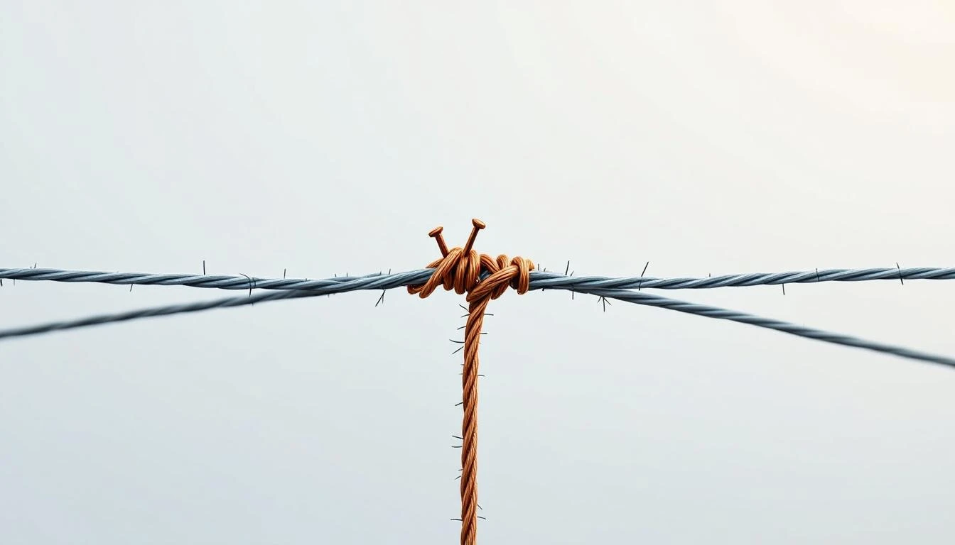 Close-up of a repaired break in a copper wire fence against a pale overcast sky.