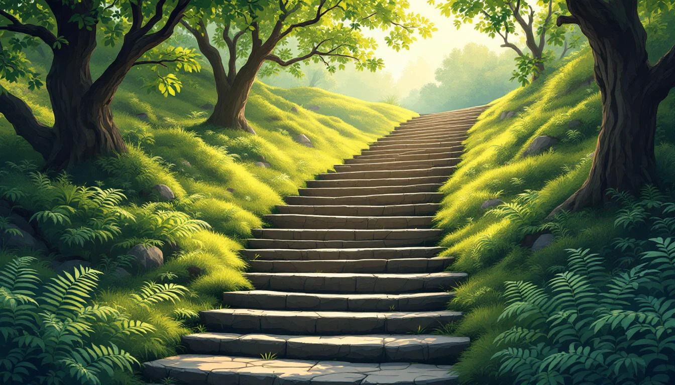 Mossy worn stone steps climbing gently through ferns beneath a dappled oak canopy.