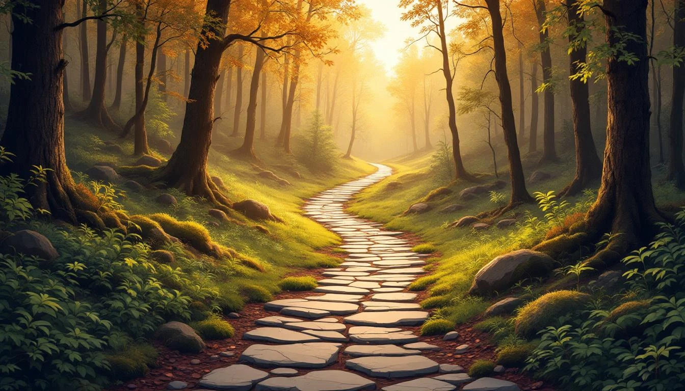 A winding stone forest path with overgrown side trails fading into undergrowth, leading toward warm amber light ahead.