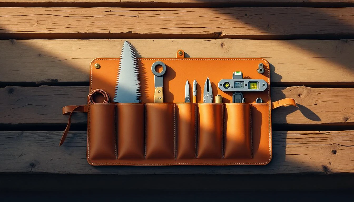 Open leather tool roll on rough wooden planks holding a hand saw, copper wire, folding knife, spirit level, and needle and thread.