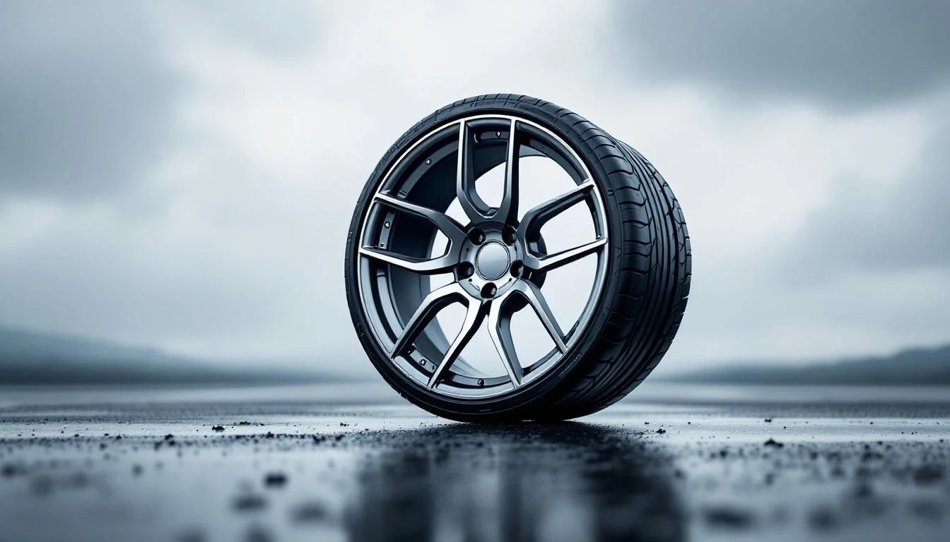 A polished multi-spoke alloy wheel with a black performance tire on wet dark asphalt, shot from a low angle.