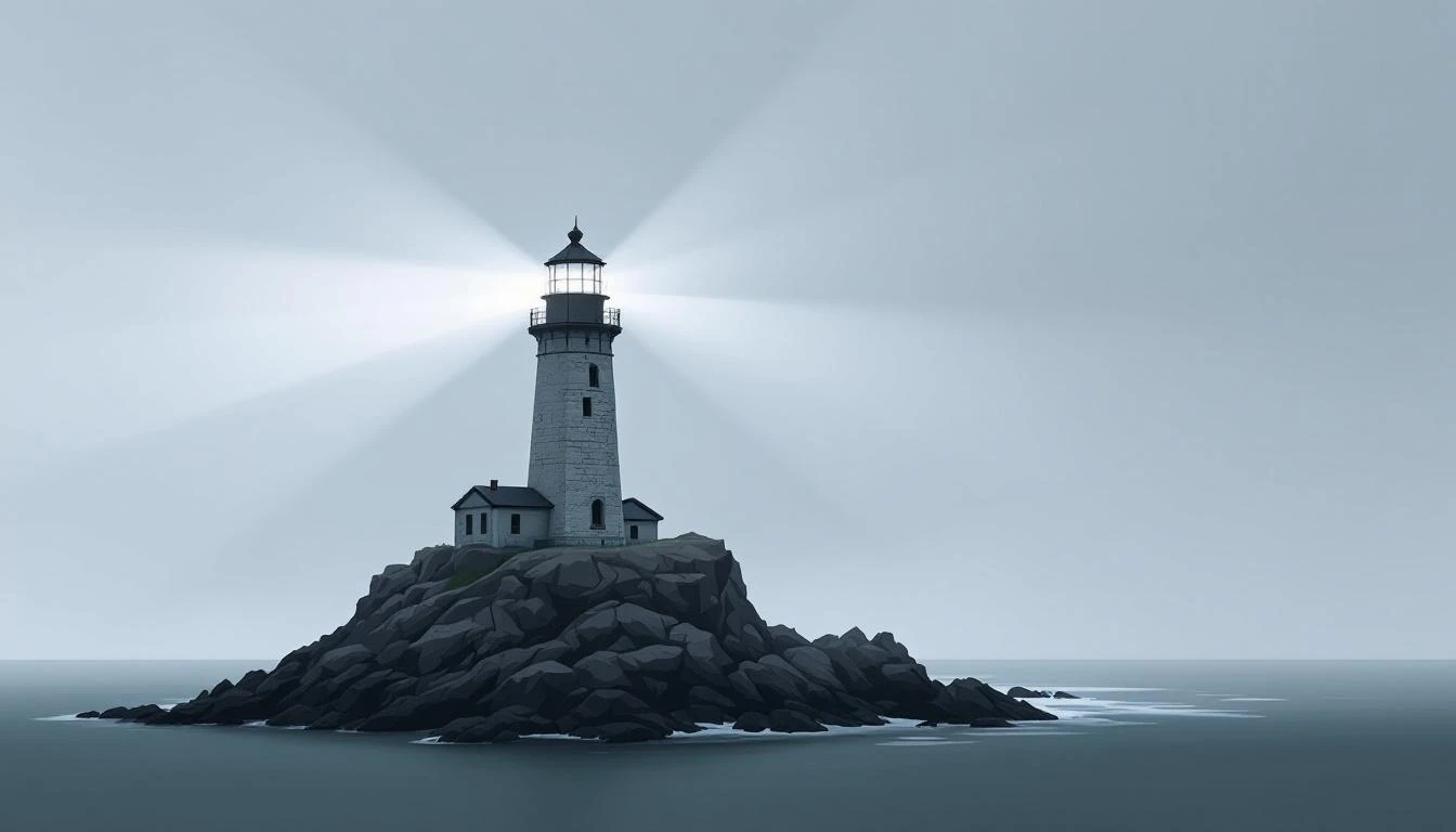 A weathered lighthouse on rocky coast with a stuttering, intermittently failing beam cutting through grey fog.