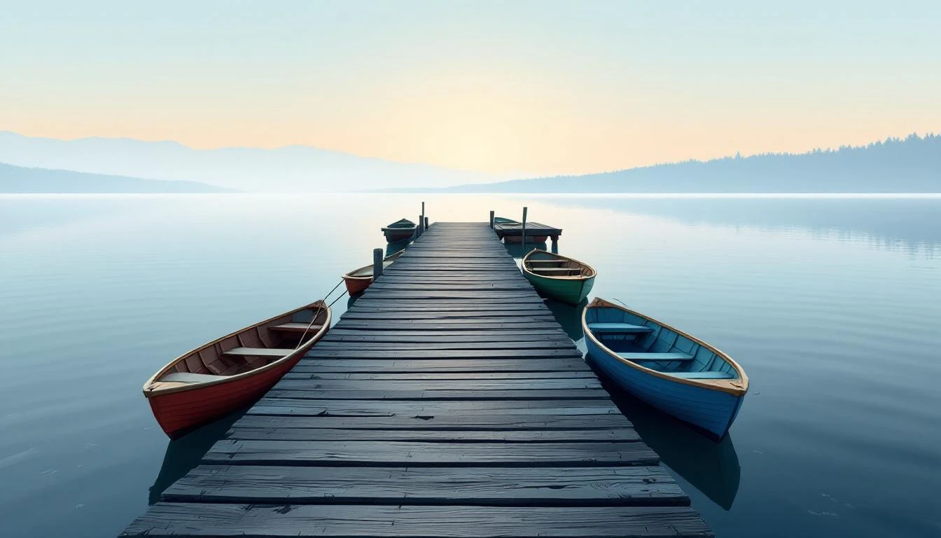Weathered dock at dawn with several small rowboats in rust red, green, and cobalt tied alongside.