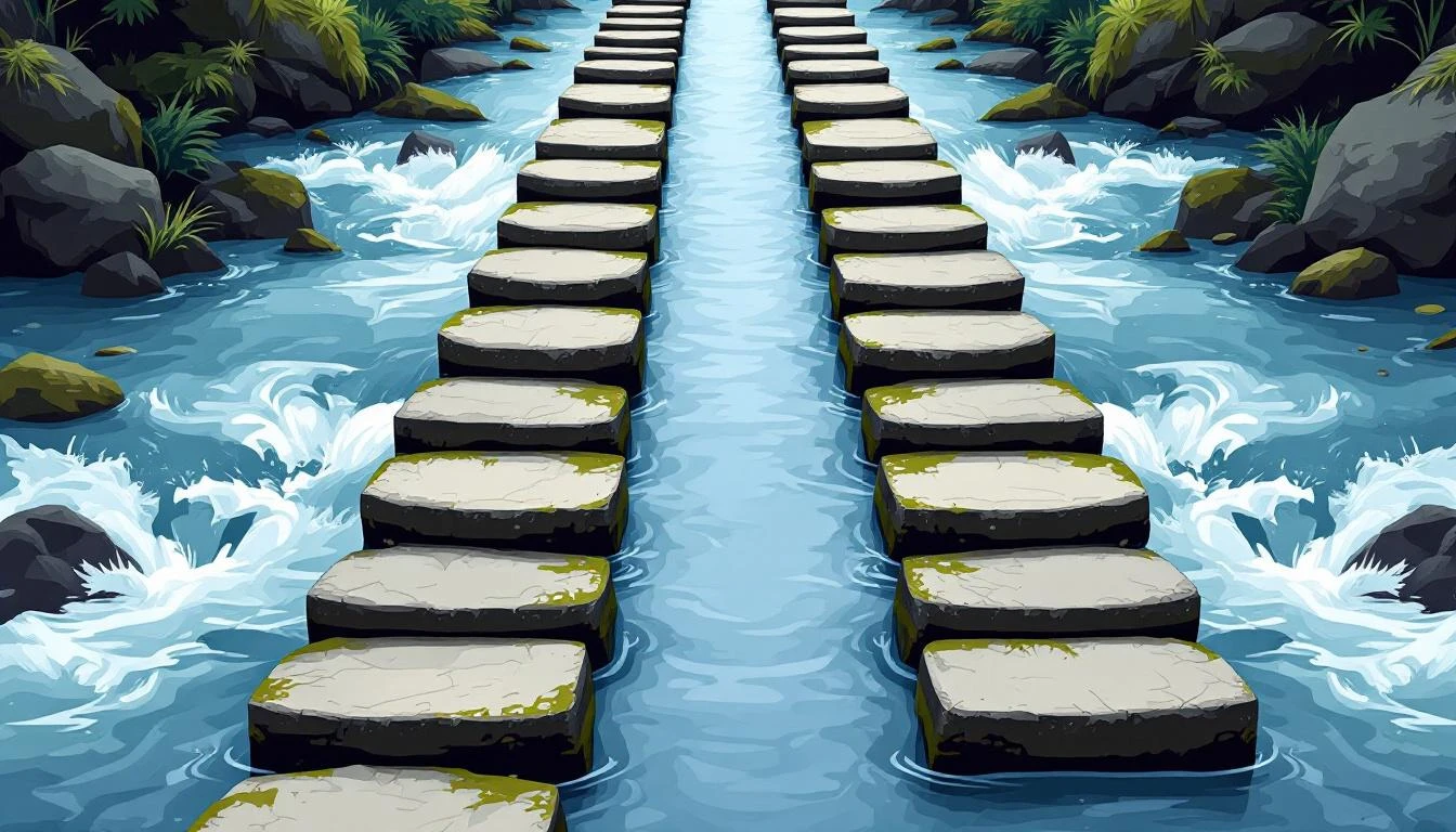 Thirteen granite stepping stones in two parallel paths crossing a turbulent mountain stream under overcast light.