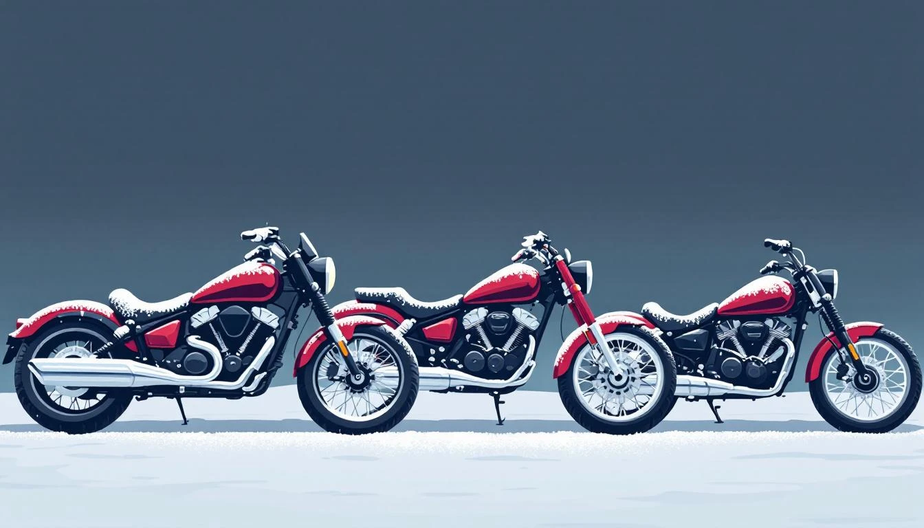 Row of snow-dusted motorcycles in cherry-red and black under a grey overcast sky.