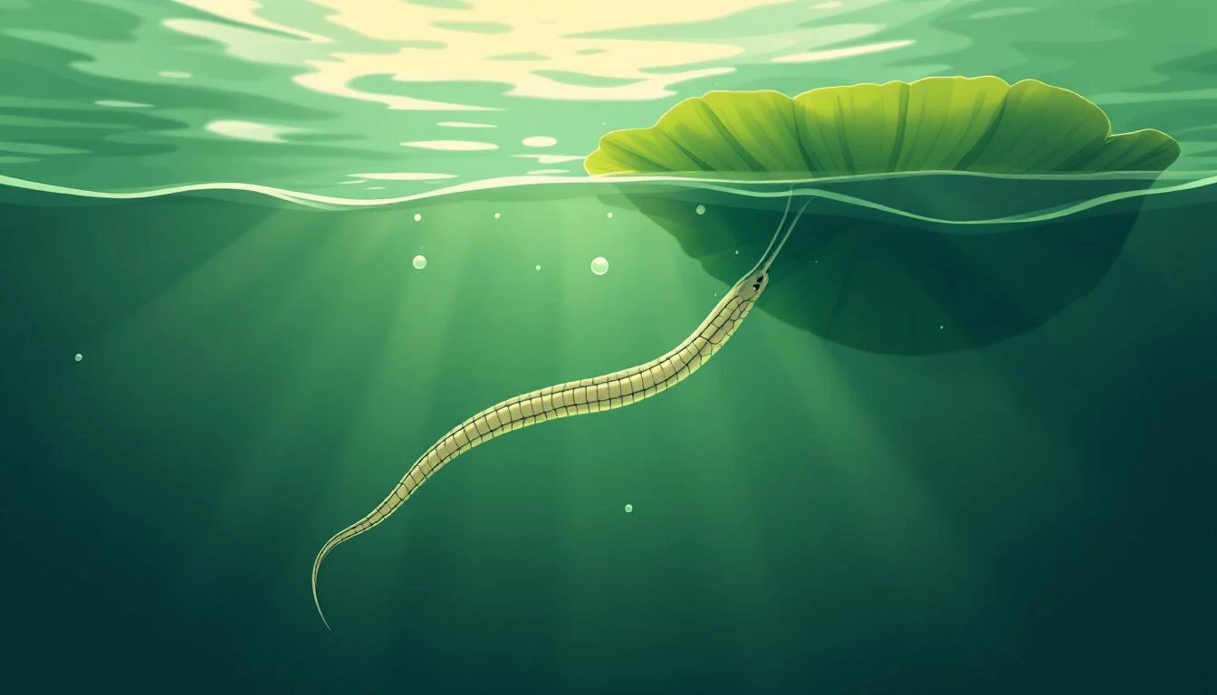 A leech on a lily pad viewed from below water, with the scene flipped upside down.