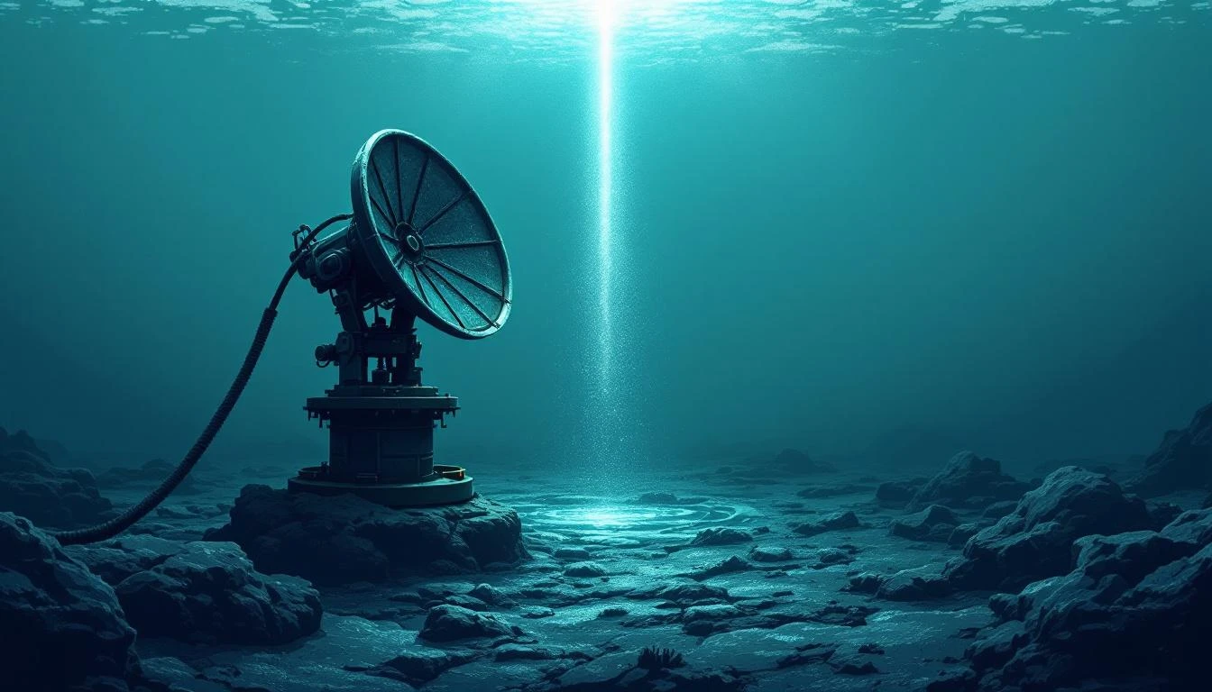 Weathered steel sonar dish on a rocky ocean floor aimed at a single beam of light from above.