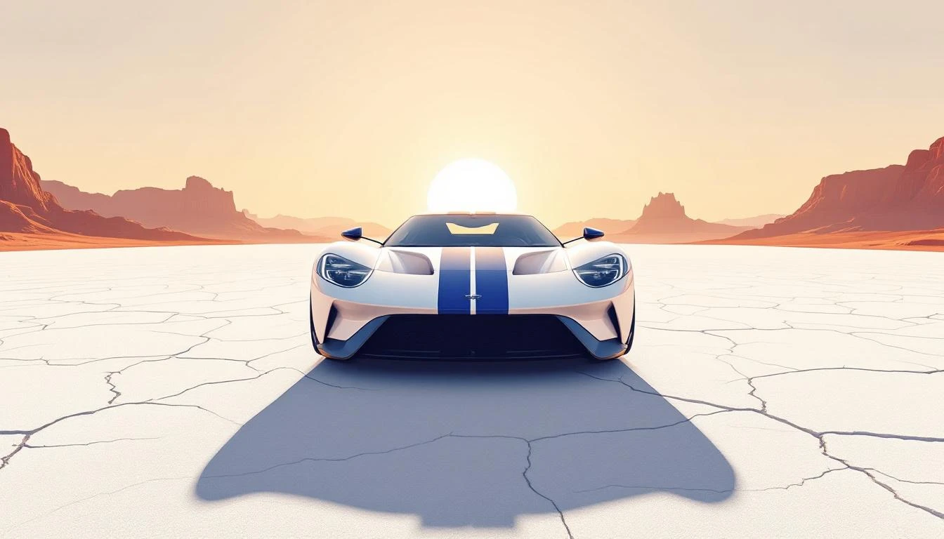 Low-angle view of a white sports car with blue racing stripes on a cracked Nevada desert lakebed with red mesas in the distance.